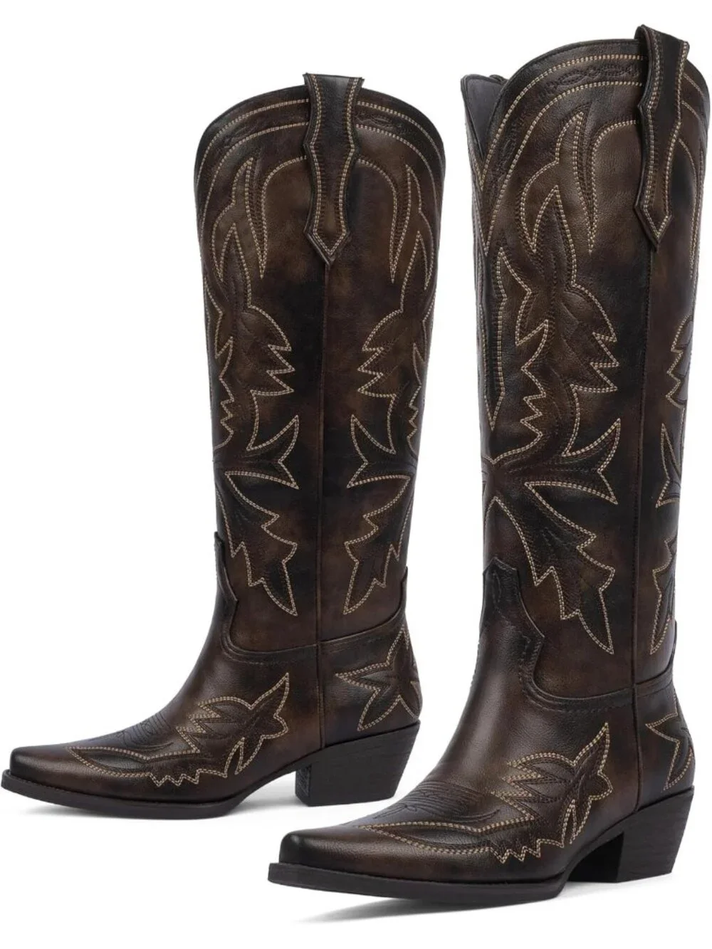 Women's Retro Brown Knee High Boots Embroidered Pull on Pointed Toe Chunky Heel